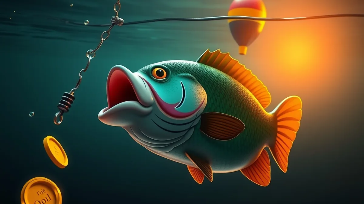 Underwater bass near a fishing hook with glowing coins for Big Bass Splash