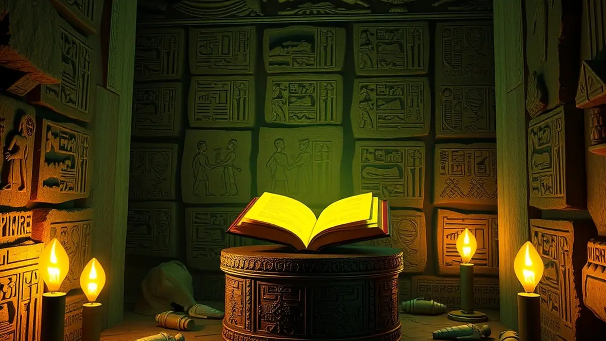 Golden book on a pedestal inside a torch-lit Egyptian tomb