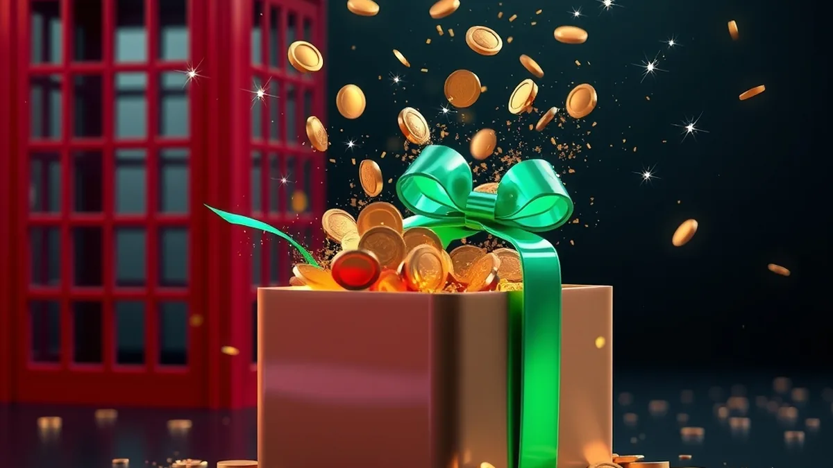 Open gift box spilling casino chips, gold coins and confetti