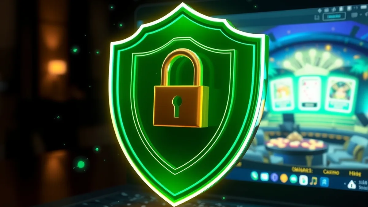 Glowing shield and padlock above a laptop protecting a casino account