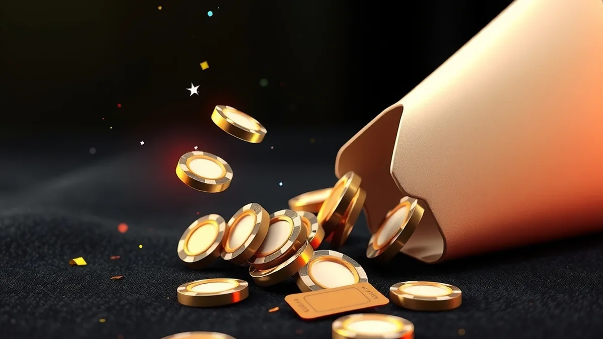 Free casino chips tumbling from a glowing envelope onto a dark table
