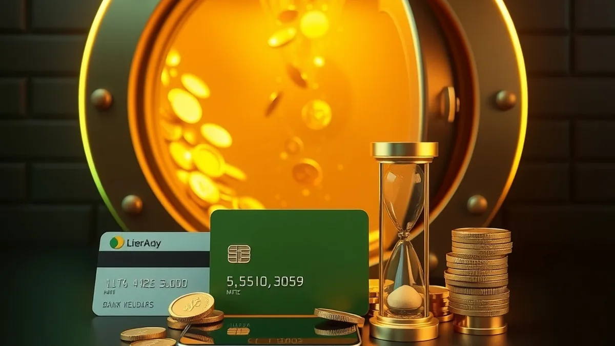 Gold coins flowing from a vault to a bank card and phone wallet