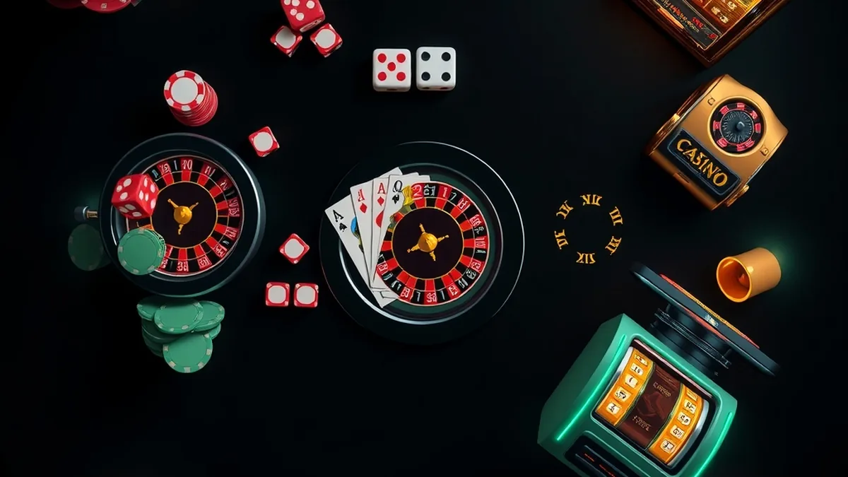 Overhead view of casino chips, dice, cards and a mini slot machine
