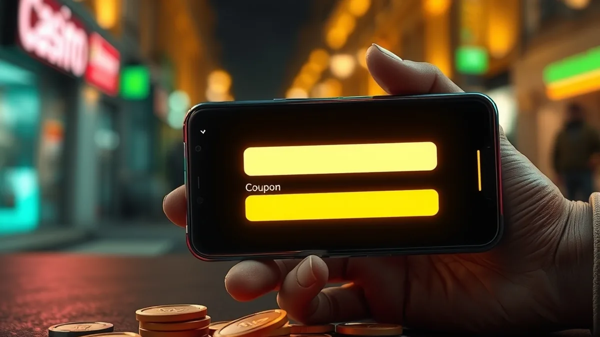 Smartphone showing a coupon field beside casino chips and gold coins
